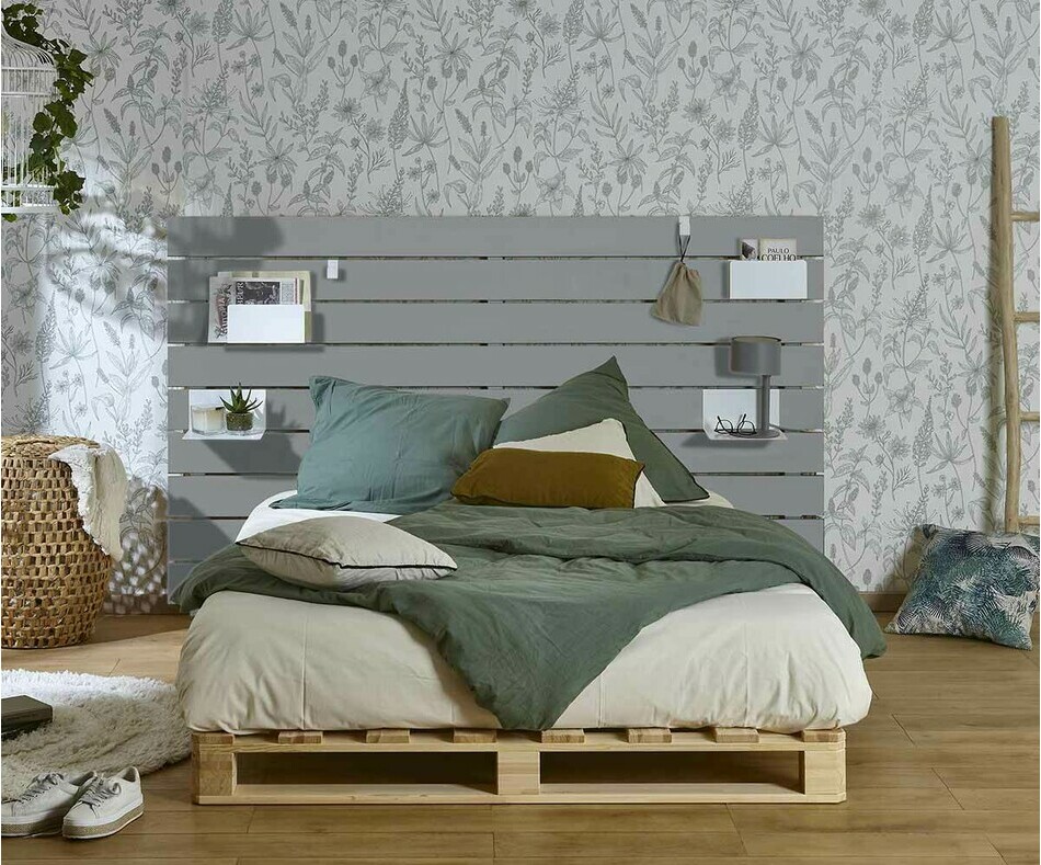 Lit palette gris et bois avec tte de lit