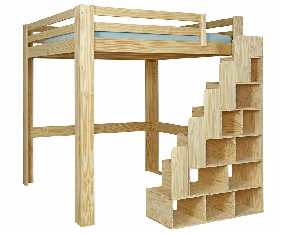 Lit mezzanine bois version haute 200x200 cm avec escalier  droite
