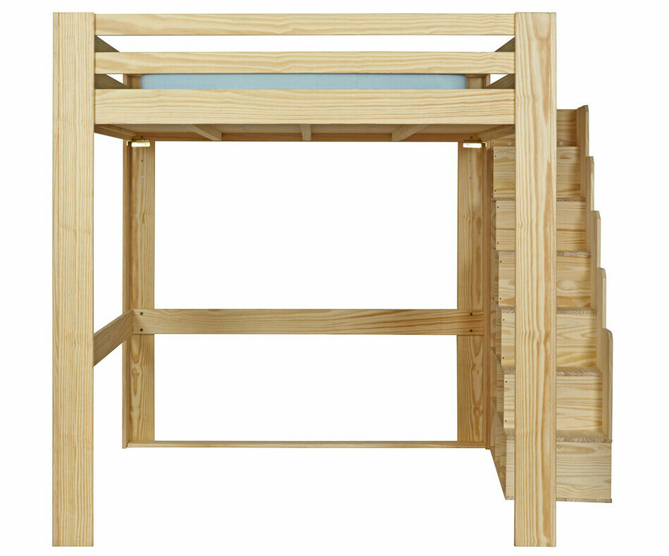 Lit mezzanine bois version haute 200x200 cm de face avec escalier  droite